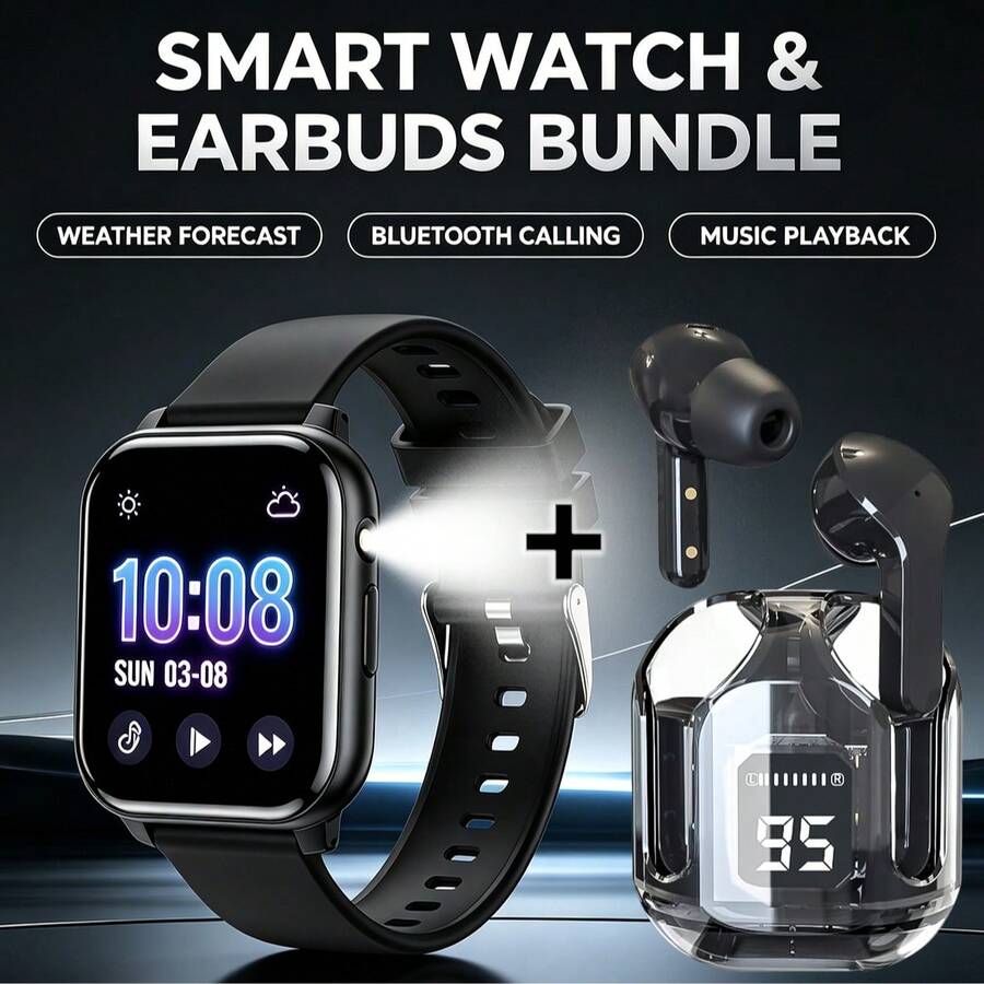 ZhiKexing Set Kombo Smartwatch + Earbud Nirkabel, Layar Definisi Tinggi 1,83 Inci, Baterai 260mAh dengan Lampu LED, Mendukung Panggilan Nirkabel, Pemutaran Musik, Notifikasi Pesan, Jam Tangan Olahraga Multifungsi dengan Kalkulator, Jam Alarm, Kompatibel dengan Sistem Android dan iOS, Desain Modis dan Modern, Hadiah Ideal untuk Pria, Wanita, Kekasih, atau Orang Tua - View 1