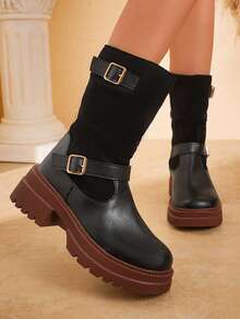 Women's Double Buckle Patchwork Slouch Mid-Calf Boots, Thick Sole Serrated Chunky Heel Side Zipper Western Style Riding Boots, 4 Colors Available For Autumn/Winter - Black - View 3