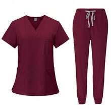Conjunto de uniforme quirúrgico para mujer, que incluye una camiseta de enfermera de manga corta con cuello en V y un pantalón largo negro, ideal para usar en primavera y otoño. - Gris - Ver 1