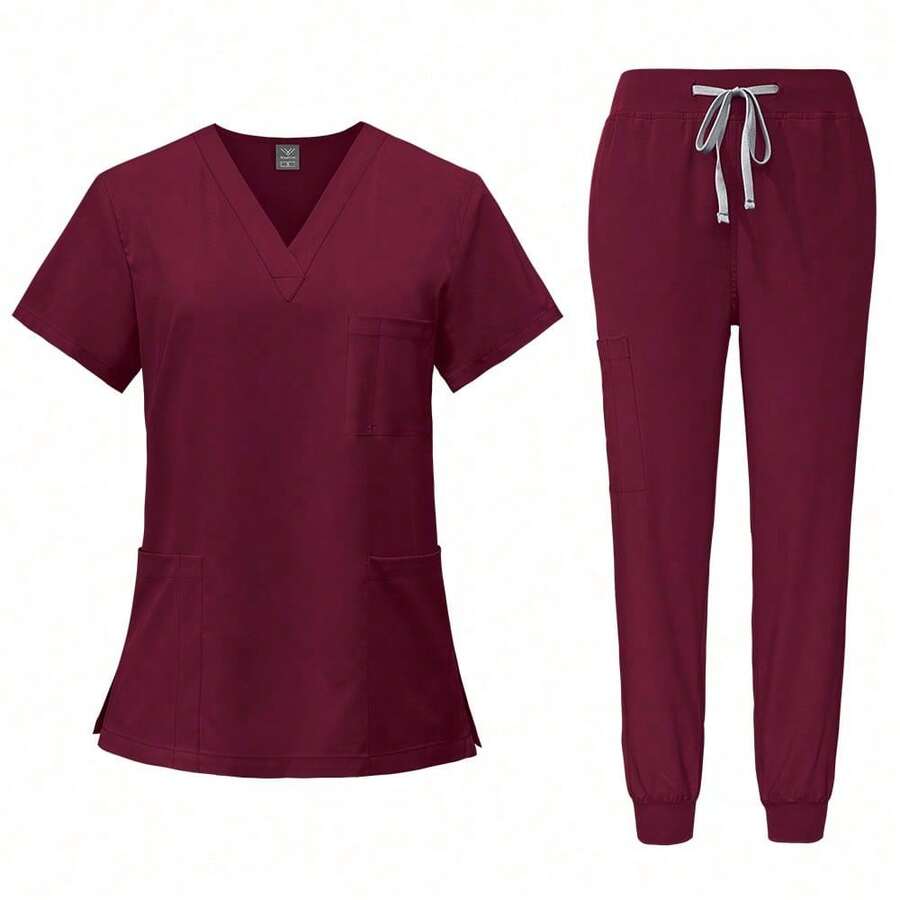Conjunto de uniforme quirúrgico para mujer, que incluye una camiseta de enfermera de manga corta con cuello en V y un pantalón largo negro, ideal para usar en primavera y otoño. - Gris - Ver 1