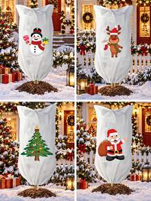 Christmas Plant Frost Protection Cover, Reusable Non-Woven Plant Winter Jacket Bag With Drawstring, Reindeer Tree Snowman Santa Pattern Plant Protecting Bag For Outdoor Garden Pots, 4 Styles Available - Multiple Styles - View 1