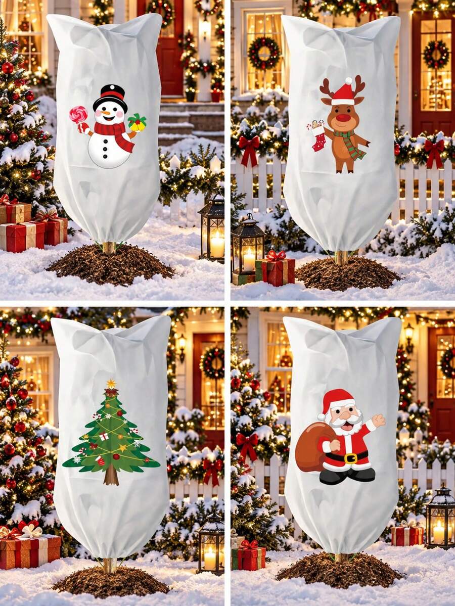 Christmas Plant Frost Protection Cover, Reusable Non-Woven Plant Winter Jacket Bag With Drawstring, Reindeer Tree Snowman Santa Pattern Plant Protecting Bag For Outdoor Garden Pots, 4 Styles Available - Multiple Styles - View 1