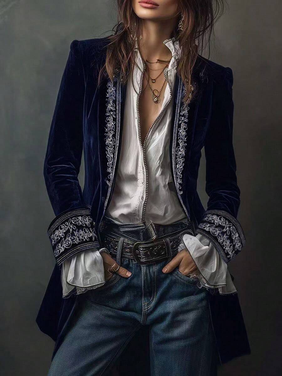 Women's Velvet Blazer Jacket With Floral Embroidery On Collar And Cuffs, Long Sleeve, Slim Fit, Open Front, Versatile Commuter Top For Autumn/Winter - Navy Blue - View 1