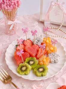 100pcs Pink Bow Bamboo Food Picks, Cute Cupcake And Dessert Toppers For Baby Shower, Birthday And Wedding Party Table Decorations - Multicolor - View 2