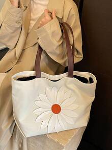 1pc 3D Floral Pattern Canvas Fabric Large Capacity Zipper Closure Casual Sweet Tote Shoulder Bag Suitable For Women's Daily Commute And Vacation - A - View 5
