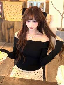 Atasan Rajut Minimalis Seksi Bergelombang Tanpa Bahu untuk Wanita Musim Gugur, Pas Ramping, Lengan Panjang Bergaris, Model Bahu Terbuka, Lapisan Dasar, Sweater Pendek Elegan yang Melangsingkan - Hitam - View 4