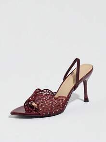 Sandal Hak Tinggi Wanita Ujung Lancip dengan Renda Jala dan Hiasan Berlian Imitasi, Hak Tinggi Warna Burgundy, Hak Tinggi Seksi dan Elegan, Cocok untuk Pesta Malam - Burgundy - View 7