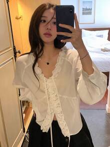 French Sweet Ruffle Trim Tie‑Up V‑Neck Long Sleeve Blouse, Loose Fit Cropped White Lantern Sleeve Shirt - White - View 3