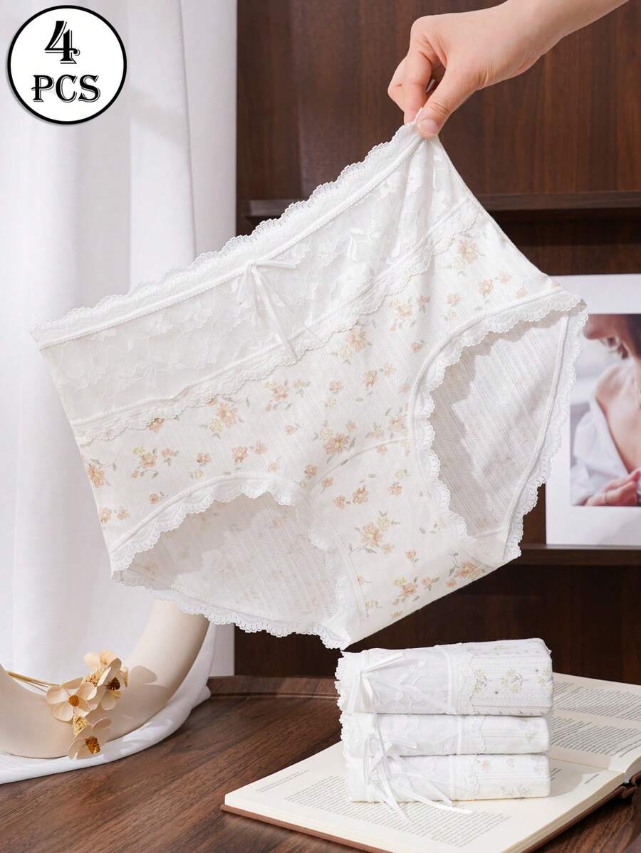 HANQIYA 4件組女款純棉高腰透氣蕾絲飾邊蝴蝶結三角內褲 - 彩色 - 查看 1