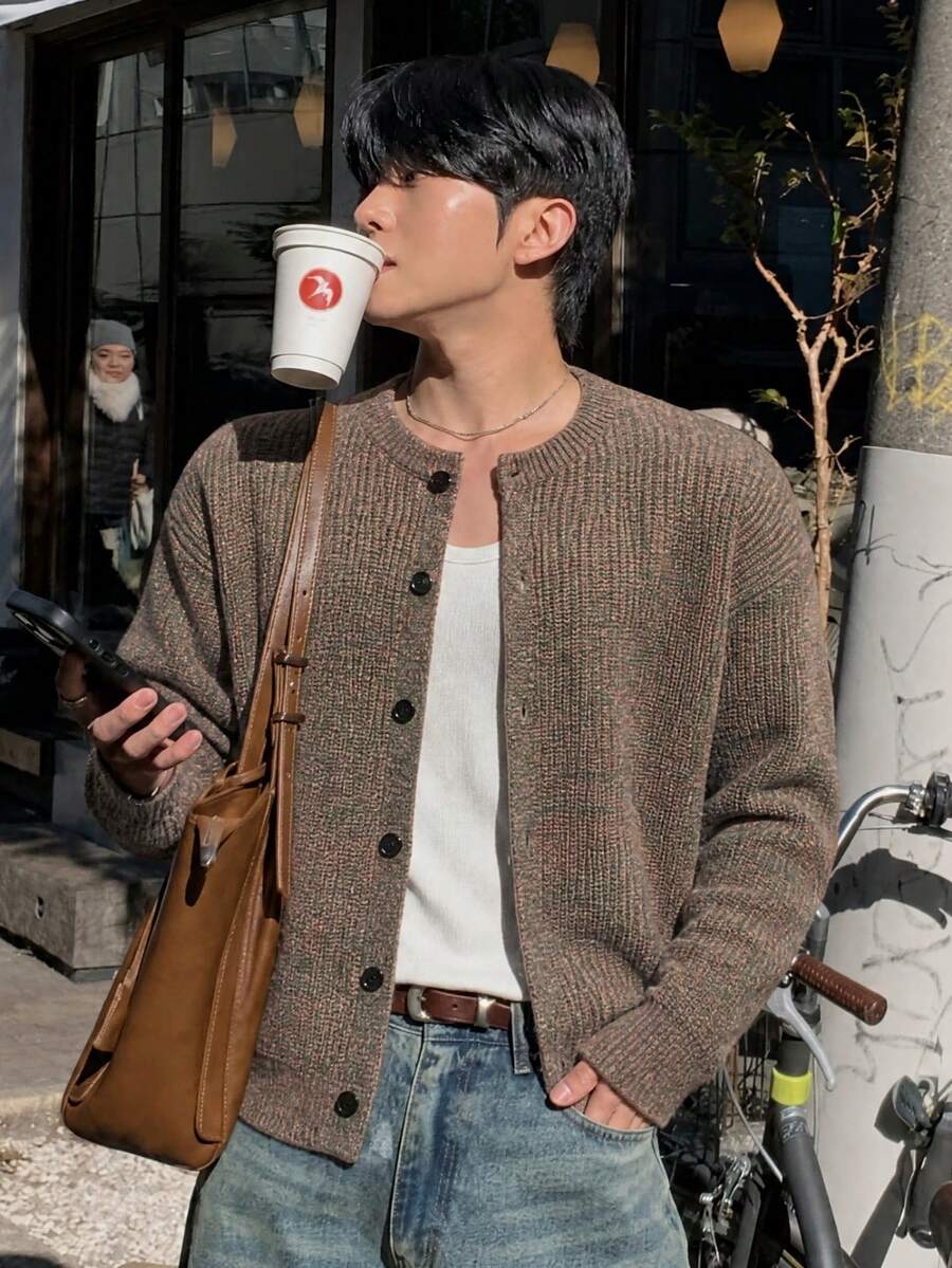 男士時尚休閒百搭日常通勤居家圓領鈕扣開襟長袖寬鬆羅紋針織套頭毛衣 秋冬款 - 棕色 - 查看 1
