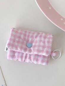 Cute Gingham Quilted Mini Pouch, Heart Snap Button Small Coin Purse With Keyring, Portable Earbud Sanitary Napkin Storage Bag - Multicolor - View 14