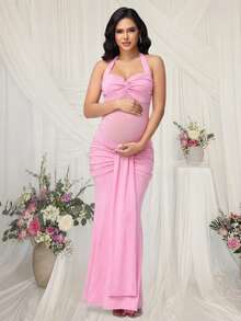 JustVH Gaun Maxi Hamil Model Duyung Tanpa Lengan dengan Lipatan Jala dan Detail Draping, Cocok untuk Pemotretan Baptisan Bayi - Berwarna merah muda - View 1