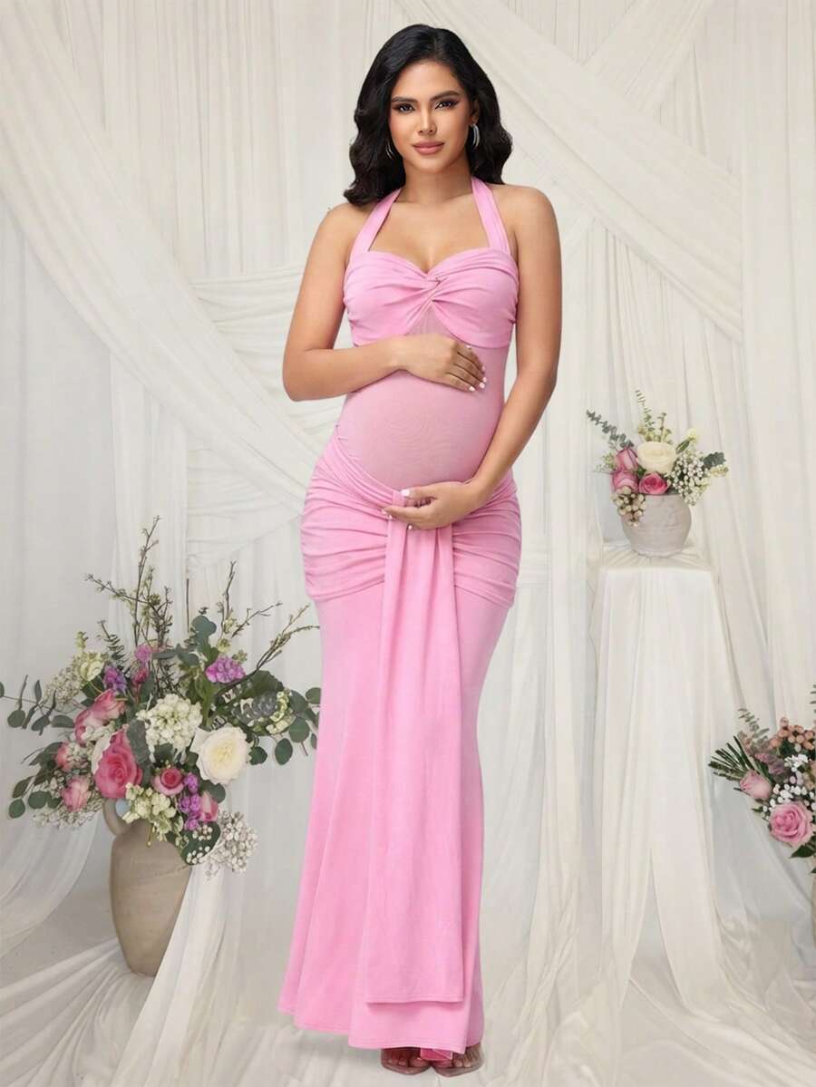 JustVH Gaun Maxi Hamil Model Duyung Tanpa Lengan dengan Lipatan Jala dan Detail Draping, Cocok untuk Pemotretan Baptisan Bayi - Berwarna merah muda - View 1