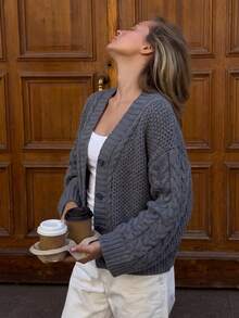Senya 2026 Women's Grey Cable Knit Cardigan, V-Neck Front Button Chunky Knit Sweater, Loose Drop Shoulder Quiet Luxury Style Autumn/Winter Fashion - Grey - View 11