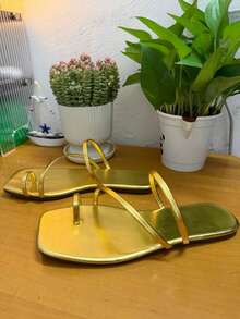 1 Pair Solid Color Sexy Cross Strap Flat Gold Sandals For College ...