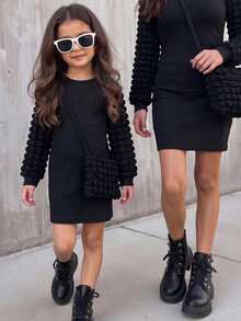 Young Girls Solid Ribbed Bubble Sleeve Knit Dress With Textured Crossbody Bag, Elegant Long Sleeve Puff Sleeve Sweater Dress, Casual Fall Outfits - Black - View 3