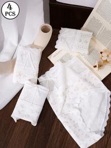 HANQIYA 4 cái/gói quần lót tam giác nữ bằng cotton cạp cao thoáng khí, viền ren, đính nơ - Nhiều màu - Xem 5