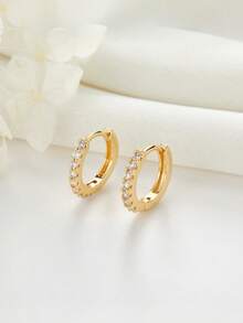 1 Pair Copper Rhinestone Stud Earrings For Women, Elegant Personalized Full Rhinestone Round Hoop Earrings - Yellow Gold - View 2