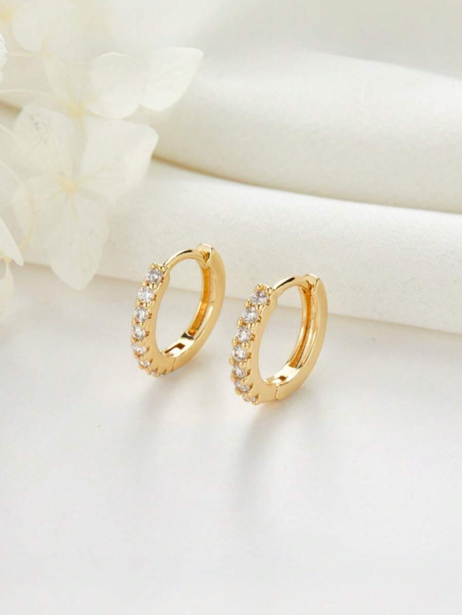 1 Pair Copper Rhinestone Stud Earrings For Women, Elegant Personalized Full Rhinestone Round Hoop Earrings