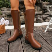 Western Style Women's Solid Brown Knee-High Boots With Side Zipper, Round Toe Double Buckle Strap Decor Low Square Heel - Coffee Brown - View 8