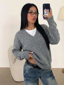 Chic Women's Fuzzy Gray Pullover Sweater, Regular Length V-Neck With Long Sleeves And Rib-Knit Cuffs, High Stretch For Comfortable Fall & Winter Wear - Grey - View 3