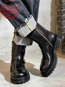 Men's Rivet Motorcycle Ankle Boots Vintage Buckle Side Zipper Boots Thick Sole Height-Increasing Punk Style Work Boots Streetwear Boots Wasteland Style Chelsea Boots - Black - View 5