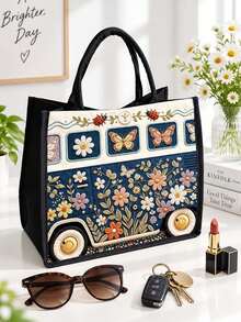 Vintage Floral Bus Pattern Tote Bag With Makeup Bag, Large Capacity Shopping Shoulder Handbag, Flat Print Storage Bag, Suitable For Travel, Commuting, Gifting - Multicolor - View 8