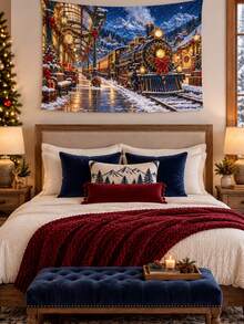 1PC Starlight Christmas Express Horizontal Wall Tapestry, Vintage Snowy Train Station Holiday Backdrop, Faux Ultra-Soft Polyester Single-Sided Print, White Overlock Edge, Multiple Sizes - Multicolor - View 10