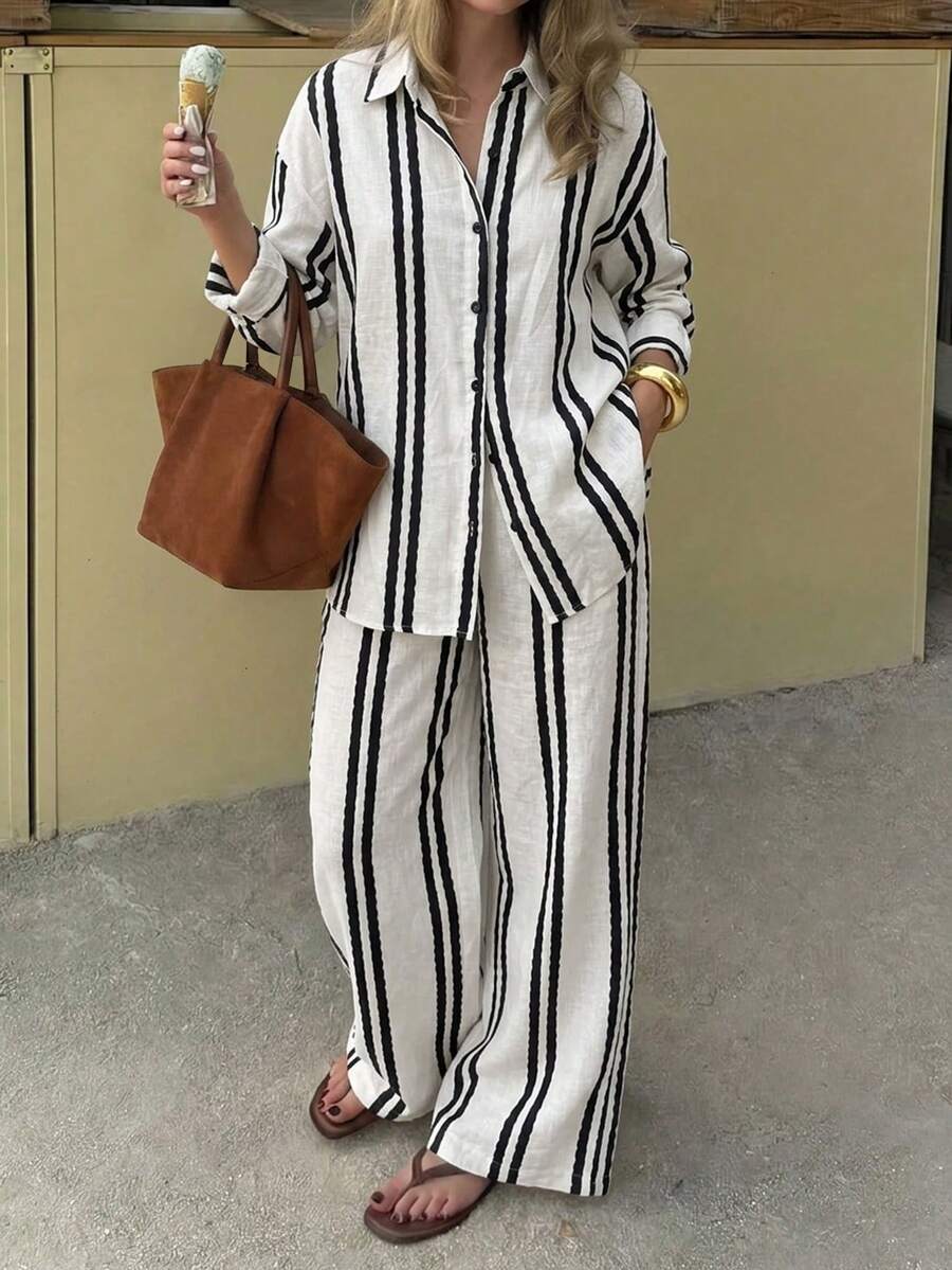 SEREN Fashion Women's Striped Casual Set, Lapel Button-Up Top With Loose Wide-Leg Pants 2 Pieces Set, Suitable For Daily Wear And Lounging - Apricot - View 1