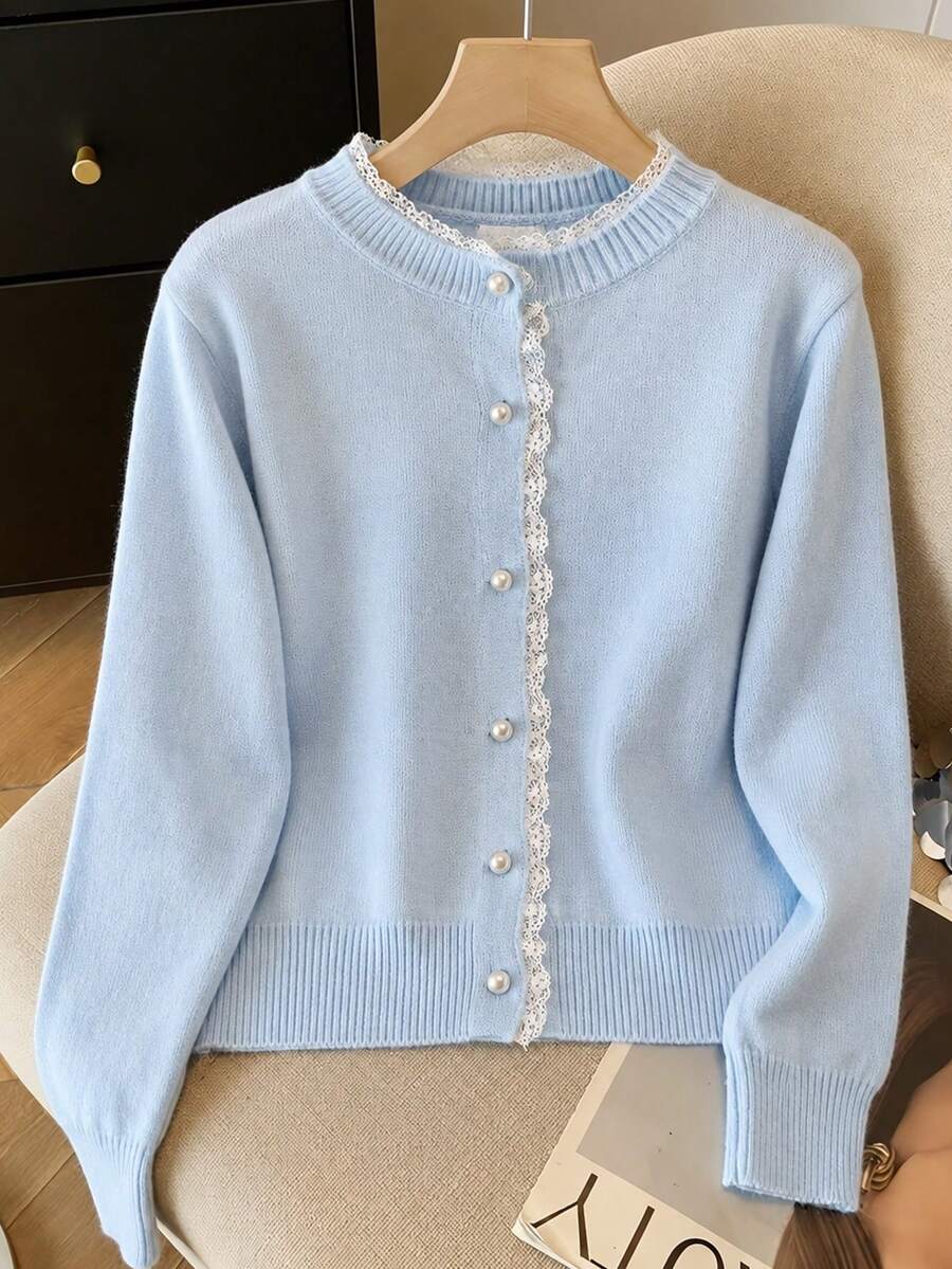 Women's Lace Round Neck Knit Cardigan Sweater Jacket, Spring/Autumn New Style - Blue - View 1