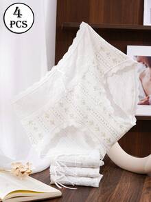 HANQIYA 4 cái/gói quần lót tam giác nữ bằng cotton cạp cao thoáng khí, viền ren, đính nơ - Nhiều màu - Xem 7