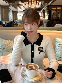 Sweet Y2K Contrast Color Bow Ribbed Knit Cardigan Women's Long Sleeve Slim Fit Cropped Sweater Top, Suitable For Summer Vacation, Back To School Casual Wear - Apricot - View 1