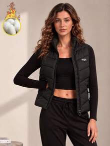 Women's Black Thermal-Lined Quilted , Stand Collar Sleeveless Zip-Up Design With Zipper Pockets For Layering - Black - View 6