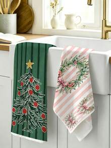 4pcs Kitchen Absorbent Towels, Made Of Polyester Material, Printed With Christmas Tree And Wreath Pattern, Suitable For Kitchen, Bathroom, Ideal Choice For Housewives And Family Gatherings, High Cost-Performance Home Decor And Room Decoration - Multicolor - View 6