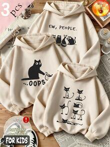 Autumn/Winter 3 Pieces Set Girls Fleece Hooded Sweatshirt Cotton Long Sleeve Black Cat Print EW PEOPLE Y2K - Apricot + Apricot + Apricot - View 2