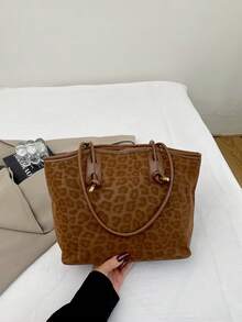1pc Brown Vintage Leopard Print PU Large Capacity Tote Bag Women's Shoulder Bag - Brown - View 5