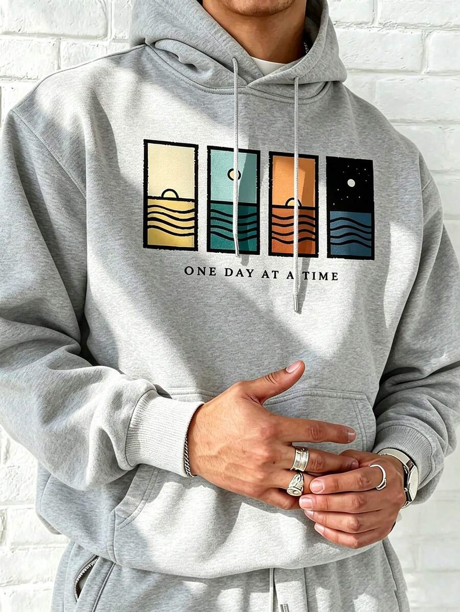 Hoodie Pria Musim Gugur/Dingin Baru Vintage Pemandangan Laut Cetak Huruf Streetwear Longgar Sweatshirt Cuci