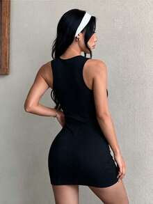 Autumn/Winter Ribbed Tank Top Bodycon Dress 2-In-1 With Built-In Padded Cups Solid Color Versatile Comfortable Minimalist Slimming Casual Wear Women's Shaping Dress - Black - View 5