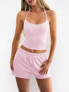 Vaiaye Summer Fall Basic 2 Pieces Set,Spaghetti Strap Camisole & Drawstring Shorts,Casual Sports Outfit For Football Training, Athleisure Pink Elegant - Pink - View 9