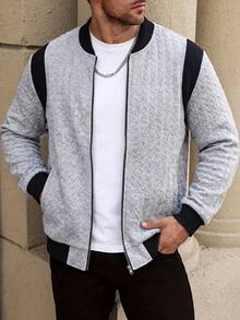 1pc Grey Contrast Baseball Collar Men's Sweatshirt, Men's Sweatshirt Jacket, Men's Long Sleeve Sweatshirt With Black Ribbed Shoulder Patchwork Design, Sporty Casual Style, Suitable For Campus, Commuting, Shopping, Afternoon Tea Gathering, Office - Grey - View 4