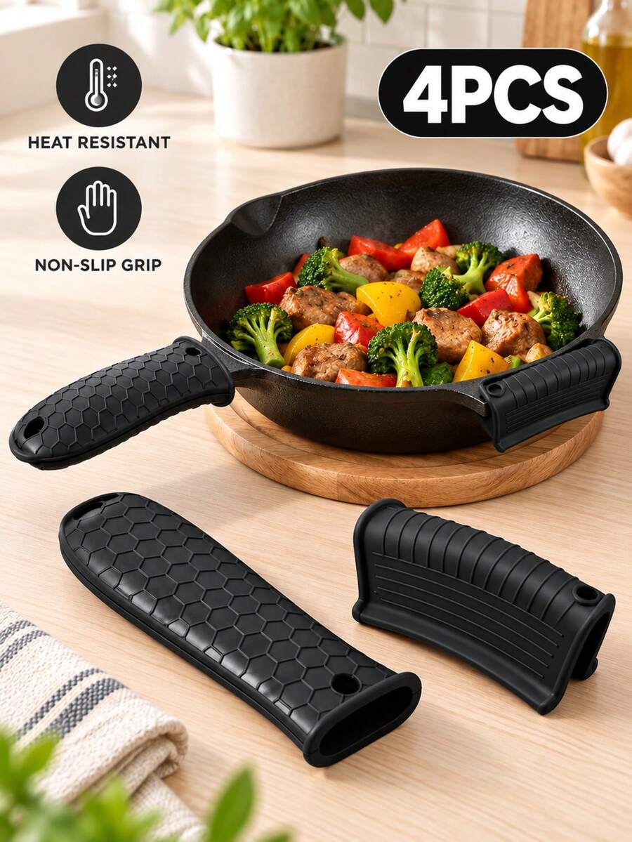 4PCS Thickened Silicone Pot Handle Covers, Heat-Resistant Non-Slip Honeycomb Hot Handle Holders For Cast Iron Skillets, Ceramic Pots, Woks & Frying Pans, Kitchen Cooking & College Dorm Essentials