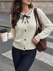 Women's Fall Winter Cream Bow Neck Knit Cardigan, Long Sleeve Diamond Hollow Out Sweater, Button Front Casual Knit Jacket For Daily& Date - Apricot - View 8
