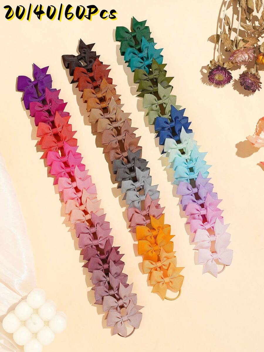 20/40/60入迷你蝴蝶結髮圈，適合女嬰與女孩，混色柔和色調柔軟髮圈髮帶，可愛日系日常穿搭髮飾