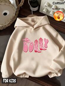 Autumn/Winter 3 Pieces Set For Girls: Fleece Hooded Sweatshirt With Denim Boots, Decorated With Horseshoe, Bow, Flower, Cow Print, Y2K Style - Apricot + Apricot + Apricot - View 4