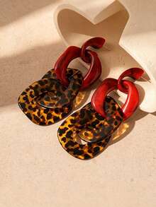 1 Pair Vintage Geometric Leopard Print Red Colorblock Patchwork Earrings, Exquisite Women's Earrings Suitable For Daily Wear, Dating, Party, Music Festival - Multicolor - View 2