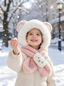 Winter Hat And Scarf 2-In-1, Plush Cartoon Ears All-In-One Hooded Scarf, Cute Cartoon Doll Accessory, Warm Winter Accessory - Multicolor - View 6