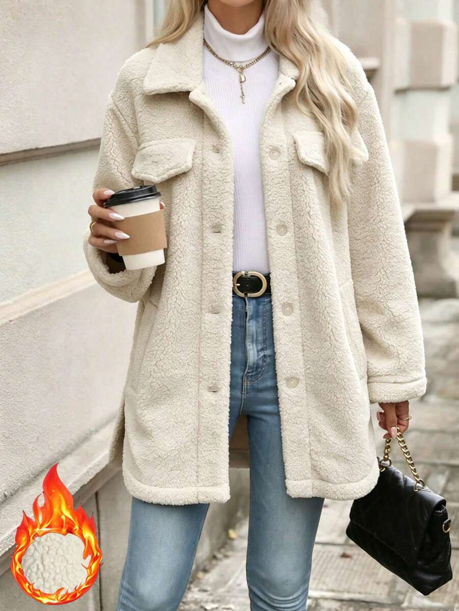 Women's Elegant Warm Teddy Coat Winter Button Midi-Length Chic Jacket Drop-Shoulder Lapel Collar Jacket - Apricot - View 1