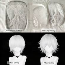 Men White Anime Game Cosplay Synthetic Wigs With Bangs Short Straight Fluffy Heat Resistant Wig For Daily Party - White - View 10