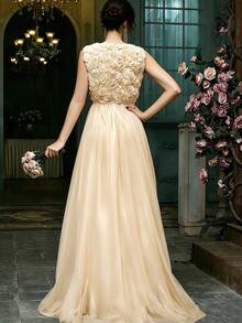 Women's Wedding Dress, Embroidered Lace Sleeveless + Mesh Design, Formal Evening Gown, Celebration Dress Fall - Champagne - View 2