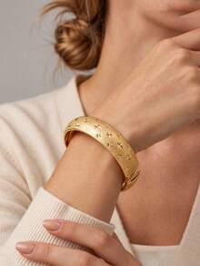 Camhanno Gold Matte Star Engraved Open Wide Cuff Bracelet, Stainless Steel Stackable Vintage Luxury Jewelry Gift For Women - Multicolor - View 2